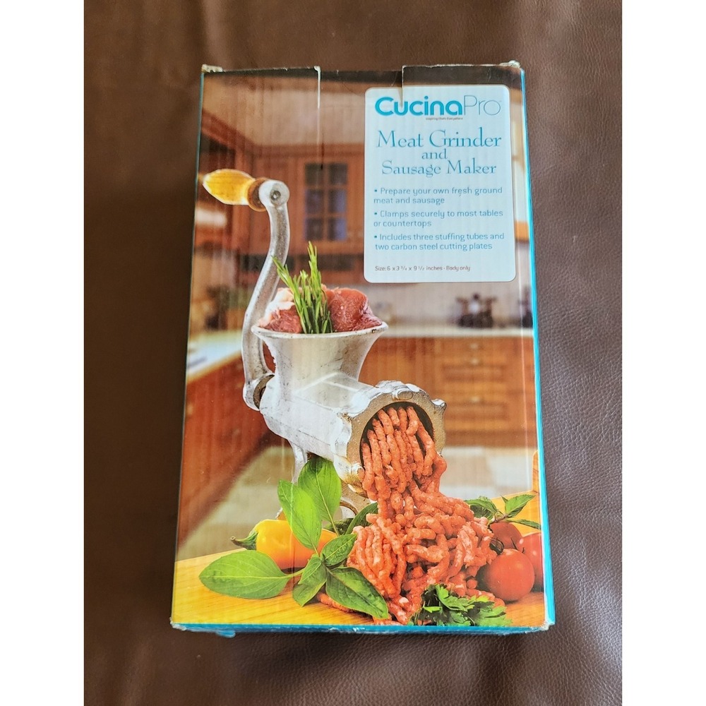 CucinaPro 265-08 Cast Iron Manual Meat Grinder Sausage Maker 2 Plates 3 Tubes‎